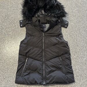 Gap Vest Womens S Primaloft OC Puffer Vest Faux Fur Hooded Black 2015 EUC